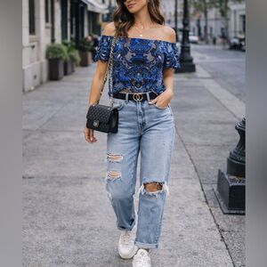 Alice and Olivia Maxie Off Shoulder Guipure Lace Short Sleeve Top Sz S